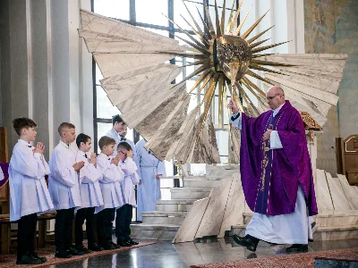 W V Niedzielę Wielkiego Postu, podczas Mszy Świętej o godz. 12:00, ks. Krzysztof Gołąbek – proboszcz naszej Katedry, przyjął do grona Liturgicznej Służby Ołtarza siedmiu nowych ministrantów.  Po odpowiednim przygotowaniu, pod czujnym okiem ks. Pawła Wójcika oraz animatorów Adama i Miłosza, chłopcy otrzymali stopień ministranta choralisty – po raz pierwszy założyli kołnierzyki i otrzymali legitymacje ministranckie. To wyjątkowy moment i ogromna radość dla naszej wspólnoty! Podczas Mszy Świętej zaśpiewała Dziewczęca Schola Katedralna. Serdecznie gratulujemy chłopcom odwagi oraz życzymy wytrwałości w tej pięknej służbie przy Ołtarzu Pana Jezusa. Jeśli chcesz dołączyć do grona ministrantów – serdecznie zapraszamy! Zainteresowanych prosimy o kontakt z ks. Pawłem Wójcikiem.
fot. Antoni Ważny